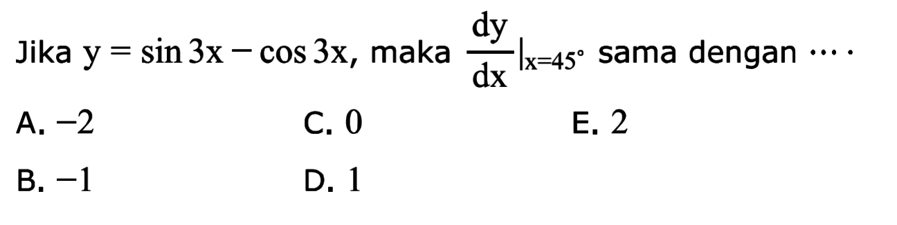 Jika y=sin3x-cos3x, maka dy/dx|x=45 sama dengan ...