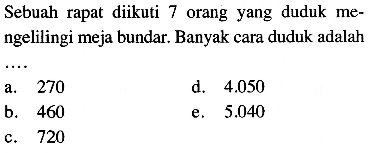 Sebuah rapat diikuti 7 orang yang duduk mengelilingi meja bundar. Banyak cara duduk adalah ....