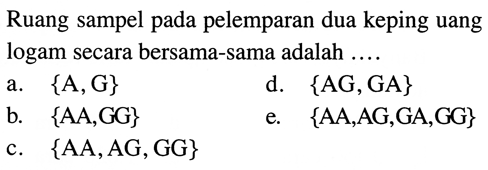 Ruang sampel pada pelemparan dua keping uang logam secara bersama-sama adalah ....