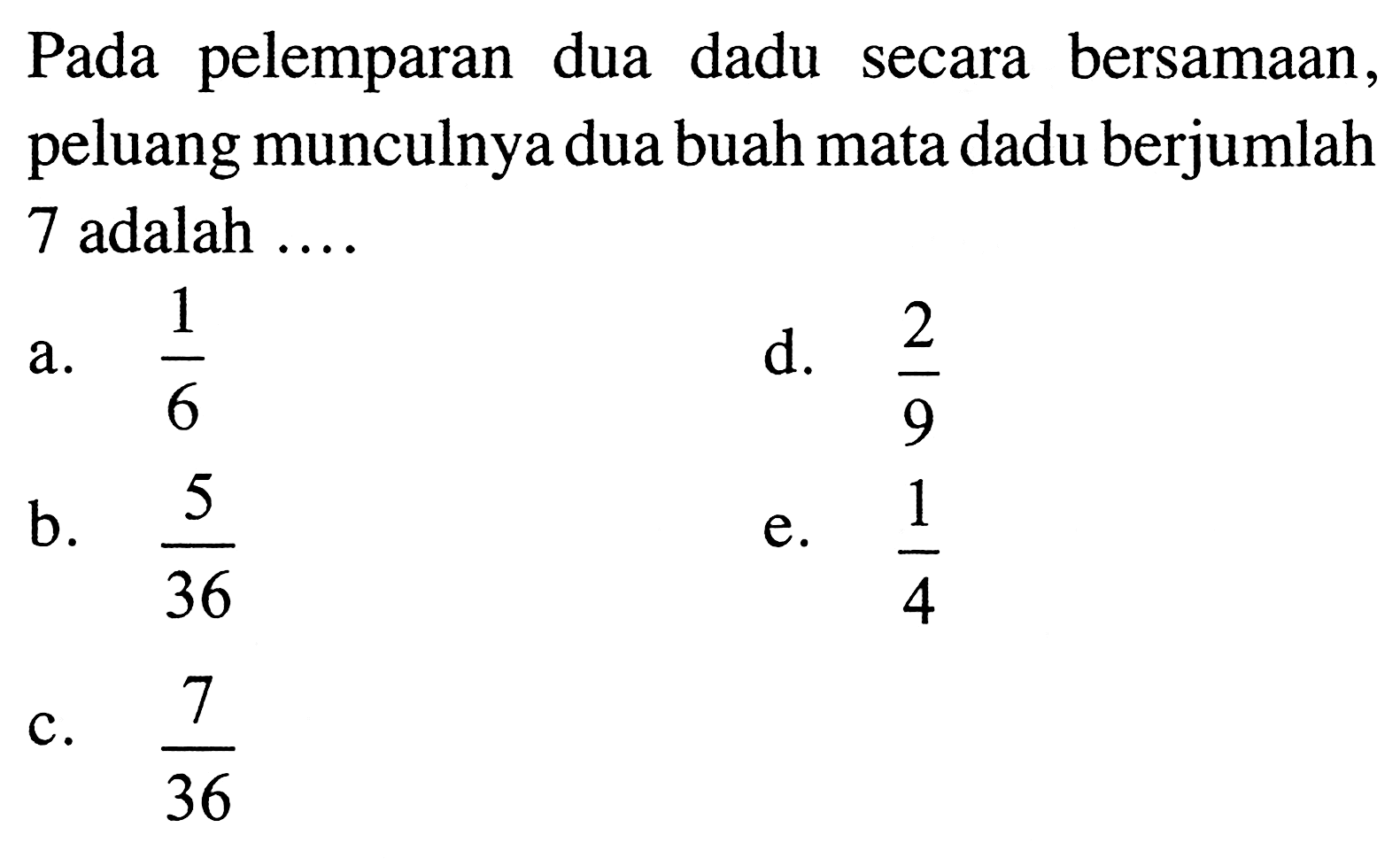Pada pelemparan dua dadu secara bersamaan, peluang munculnya dua buah mata dadu berjumlah 7 adalah ....