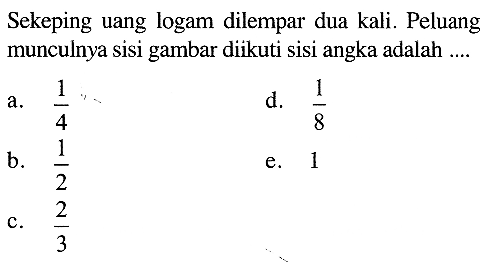 Sekeping uang logam dilempar dua kali. Peluang munculnya sisi gambar diikuti sisi angka adalah ....