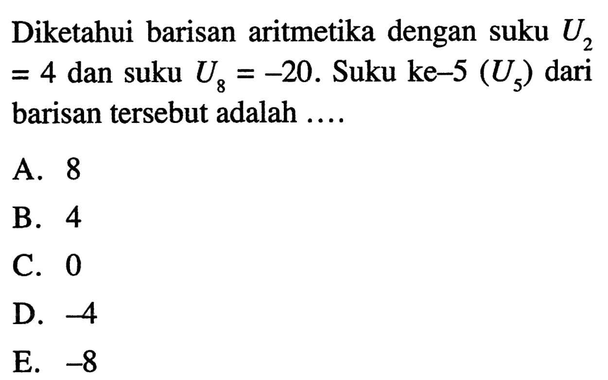 Diketahui barisan aritmetika dengan suku U2=4 dan suku U8=-20. Suku ke-5 (U5) dari barisan tersebut adalah....