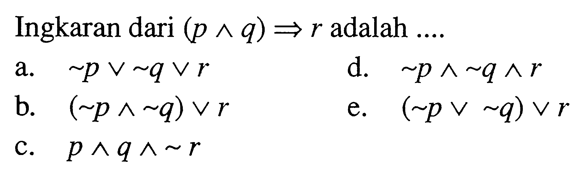 Ingkaran dari  (p^q)=>r  adalah ....