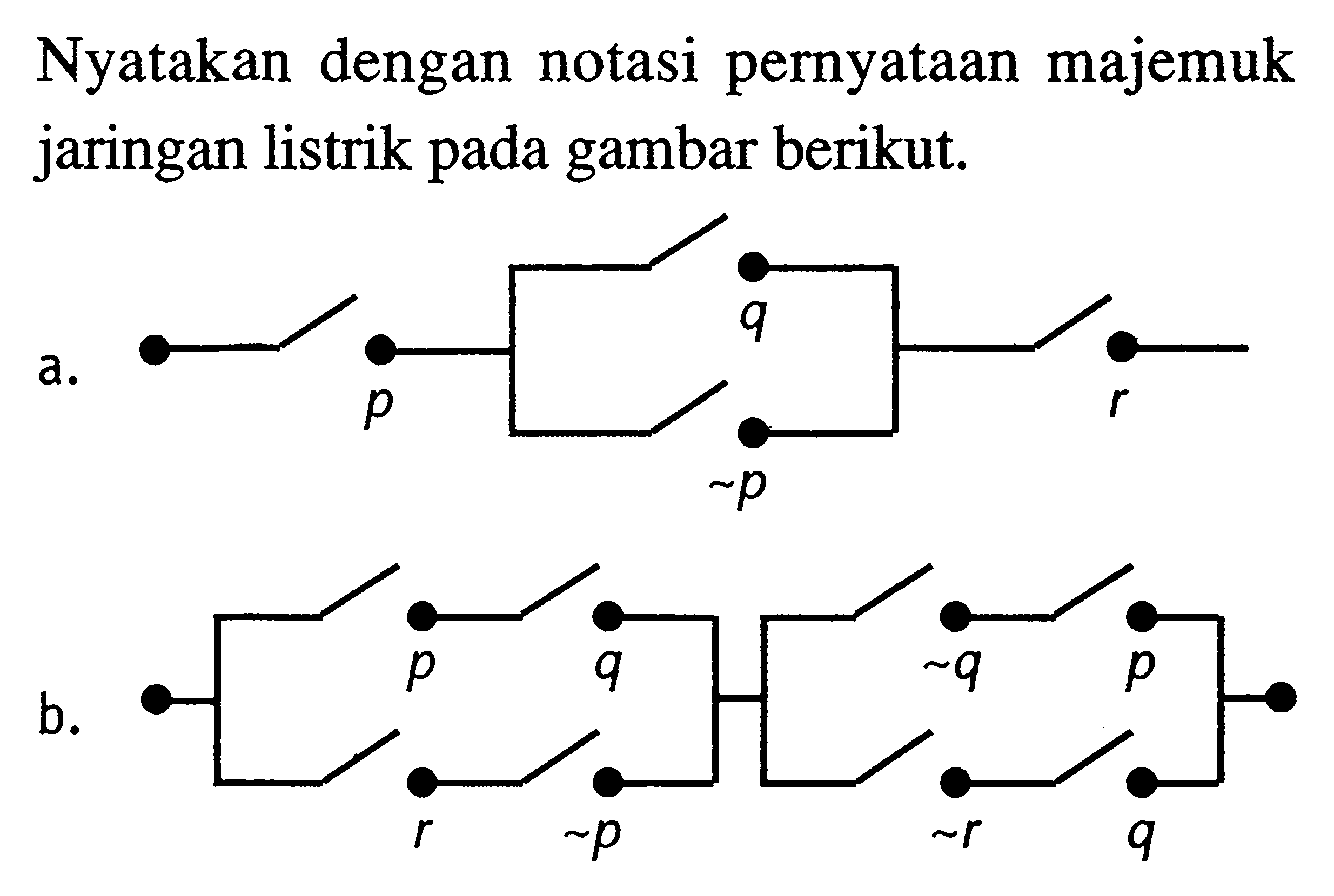 Nyatakan dengan notasi pernyataan majemuk jaringan listrik pada gambar berikut.a. p q ~p r b. p q -q p r ~p ~r q 