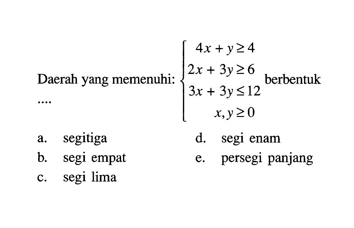 Daerah yang memenuhi: 4x+y>=4 2x+3y>=6 3x+3y<=12 x,y>=0 berbentuk ...