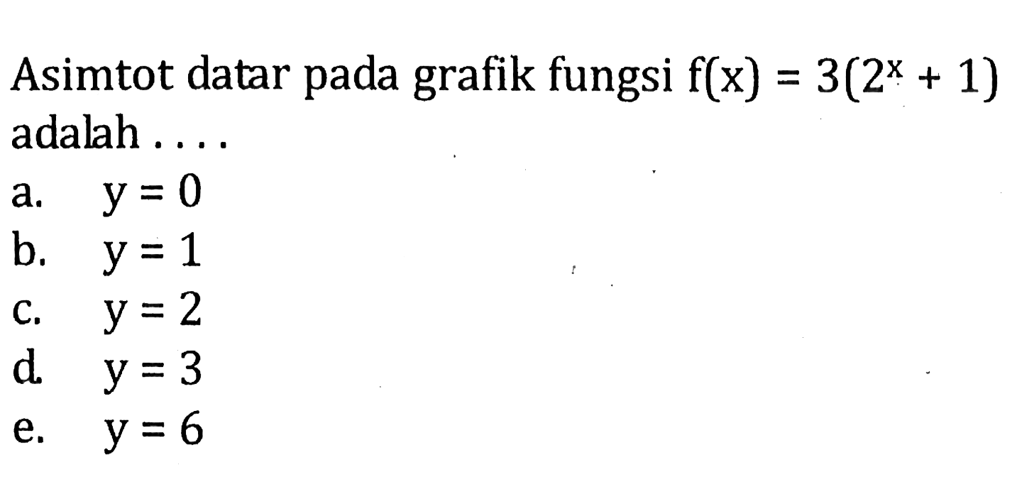 Asimtot datar pada grafik fungsi f(x) = 3(2^x + 1) adalah 