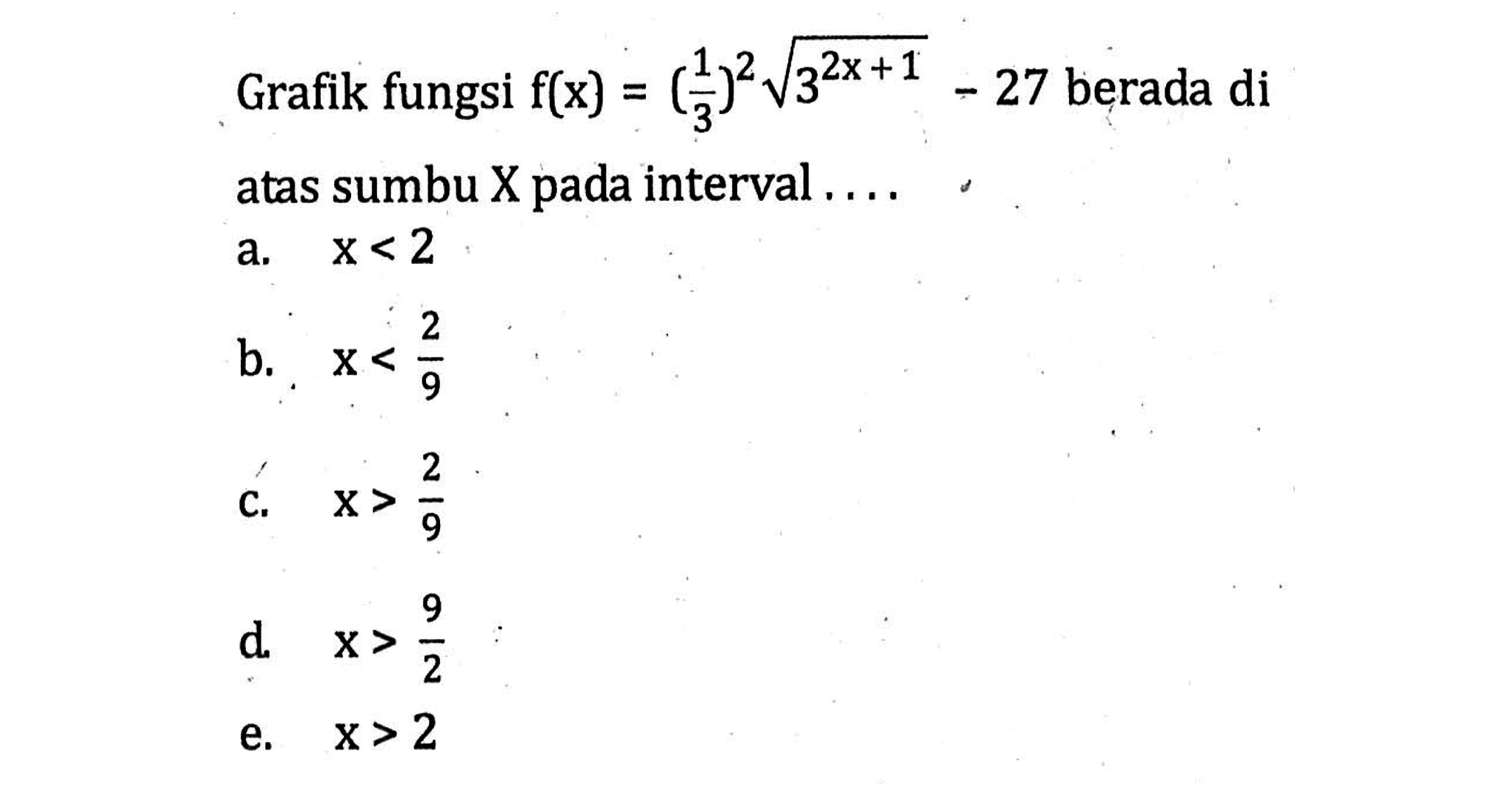 Grafik fungsi f(x)=(1/3)^2(akar(3^(2x+1)))-27 berada di atas sumbu X pada interval . . . .