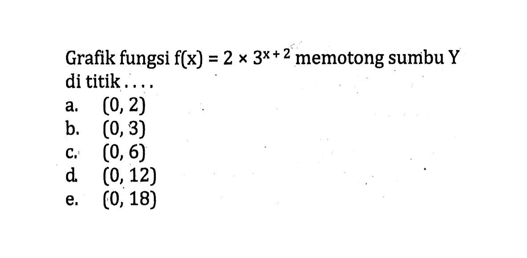 Grafik fungsi f(x)=2x3^(x+2) memotong sumbu Y di titik ....