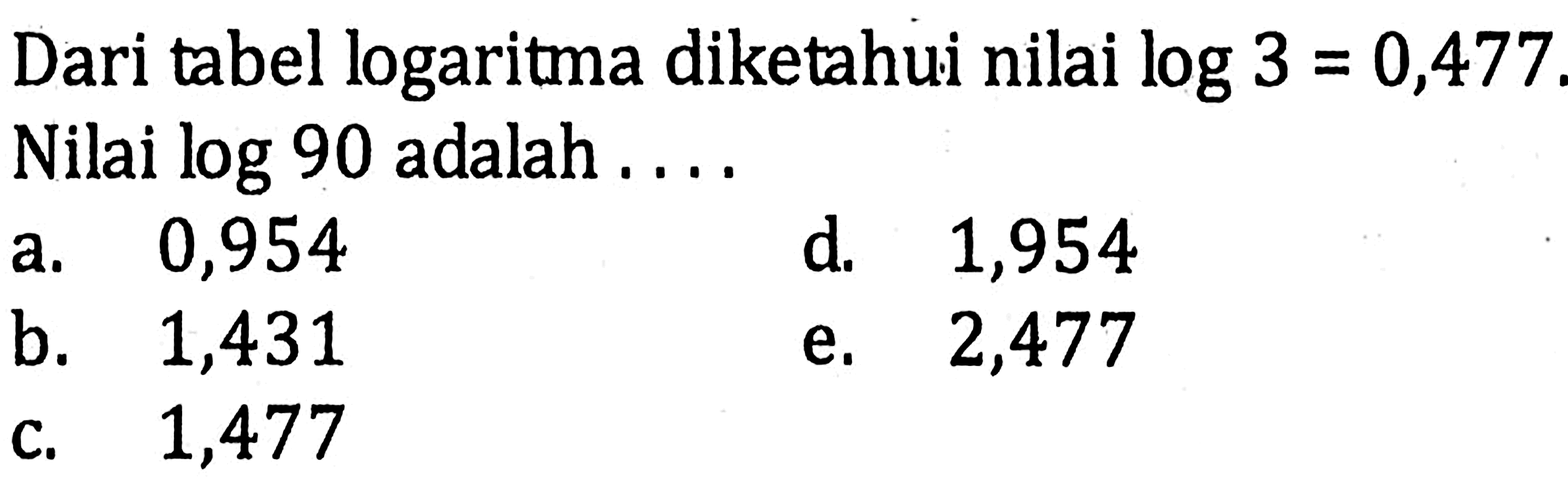 Dari tabel logaritma diketahui nilai log 3 = 0,477. Nilai log 90 adalah....