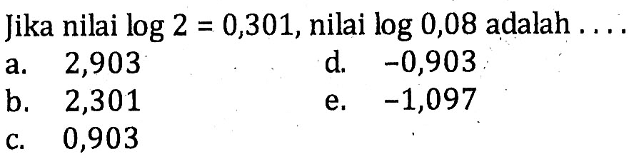 Jika nilai log 2=0,301, nilai log 0,08 adalah ....  