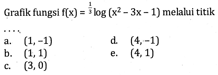 Grafik fungsi f(x)=1/3 log(x^2-3x-1) melalui titik . . . .