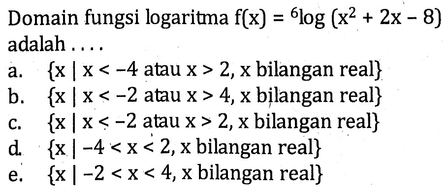 Domain fungsi logaritma f(x)=6log(x^2+2x-8) adalah ...