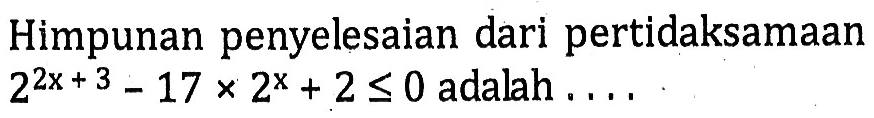 Himpunan penyelesaian dari pertidaksamaan 2^2x+3 - 17 x 2^x + 2 <= 0 adalah