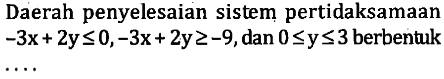 Daerah penyelesaian sistem pertidaksamaan -3x+2y<=0, -3x+2y>=-9, dan 0<=y<=3 berbentuk