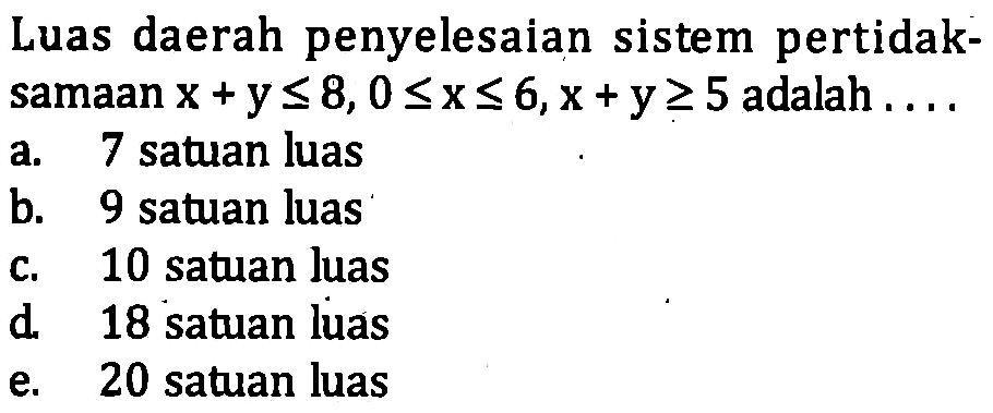 Luas daerah penyelesaian sistem pertidak-samaan x+y<=8, 0<=x<=6, x+y>=5 adalah ....