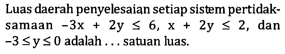 Luas daerah penyelesaian setiap sistem pertidaksamaan -3x+2y<=6, x+2y<=2, dan _3<=y<=0 adalah... satuan luas.