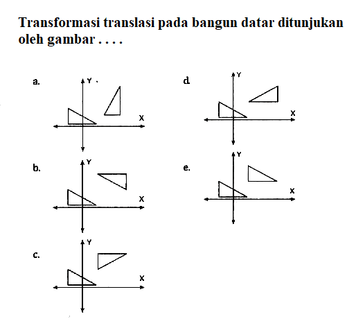 Transformasi translasi pada bangun datar ditunjukan oleh gambal ... a. b. c. d. e.