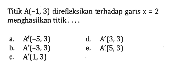 Titik A(-1,3) direfleksikan terhadap garis x=2 menghasilkan titik . . . .