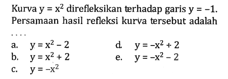 Kurva y=x^2 direfleksikan terhadap garis y=-1. Persamaan hasil refleksi kurva tersebut adalah . . . .