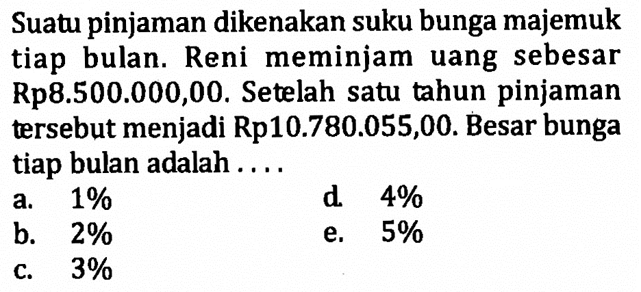 Suatu pinjaman dikenakan suku bunga majemuk tiap bulan. Reni meminjam uang sebesar Rp8.500.000,00. Setelah satu tahun pinjaman tersebut menjadi Rp10.780.055,00. Besar bunga tiap bulan adalah