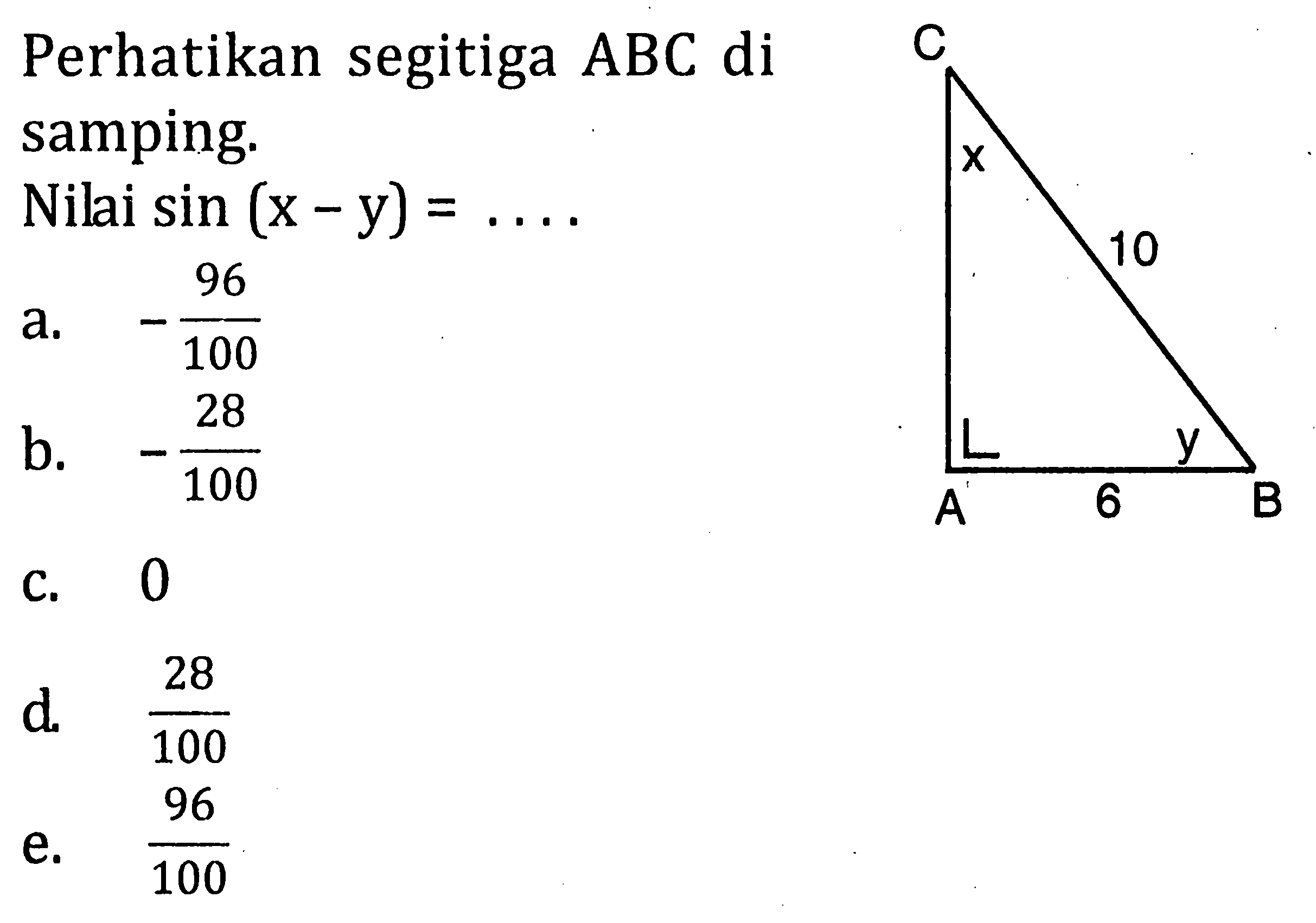 Perhatikan segitiga ABC di samping. Nilai sin (x -y) =