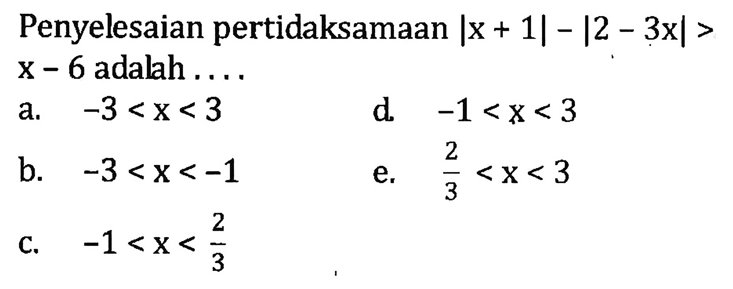 Penyelesaian pertidaksamaan |x+1|-|2-3x|>x-6 adalah....