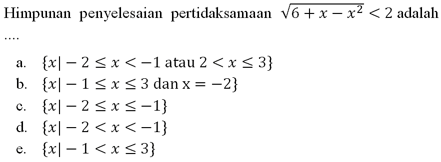 Himpunan penyelesaian pertidaksamaan akar(6+x-x^2)<2 adalah ...