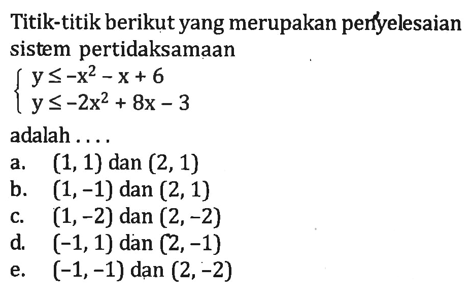 Titik-titik berikut yang merupakan penyelesaian sistem pertidaksamaan y<=-x^2-x+6 y<=-2x^2+8x-3 adalah . . . .