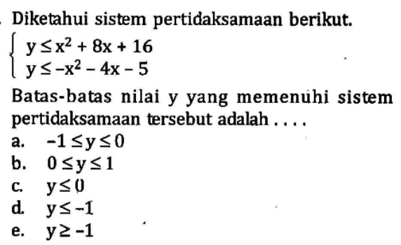 Diketahui sistem pertidaksamaan berikut. y<=x^2+8x+16 y<=-x^2-4x-5 Batas-batas nilai y yang memenuhi sistem pertidaksamaan tersebut adalah ....