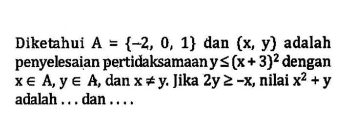 Diketahui A = {-2, 0, 1} dan (x, y) adalah penyelesaian pertidaksamaan y<=(x + 3)^2 dengan x e A, y e A, dan x =/=y. Jika 2y>=-X, nilai x^2 + Y adalah dan