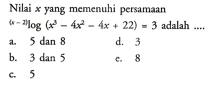 Nilai x yang memenuhi persamaan (x-2)log(x^3-4x^2-4x+22)=3 adalah....