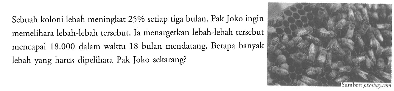 Sebuah koloni lebah meningkat 25% setiap tiga bulan. Pak Joko ingin memelihara lebah-lebah tersebut. Ia menargetkan lebah-lebah tersebut mencapai 18.000 dalam waktu 18 bulan mendatang. Berapa banyak lebah yang harus dipelihara Pak Joko sekarang?