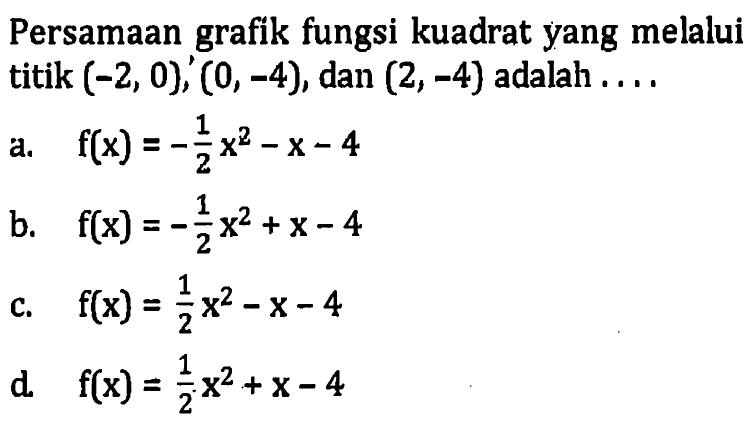 Persamaan grafik fungsi kuadrat yang melalui titik (-2, 0), (0, -4), dan (2, -4) adalah...