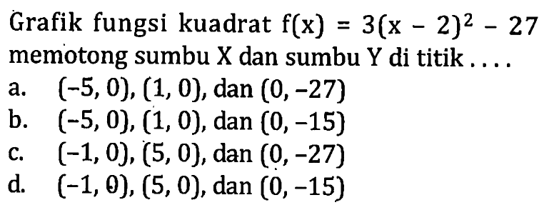 Grafik fungsi kuadrat f(x) = 3(x - 2)^2 - 27 memotong sumbu X dan sumbu Y di titik . . . .