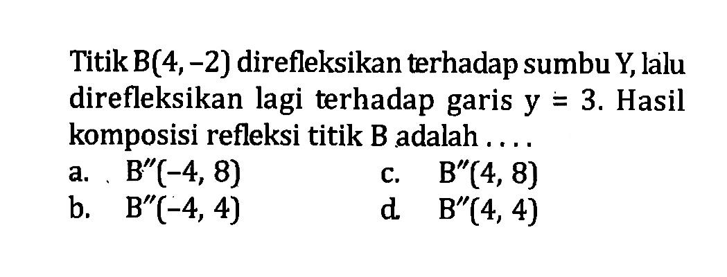 Titik B(4,-2) direfleksikan terhadap sumbu Y, lalu direfleksikan lagi terhadap garis y=3. Hasil komposisi refleksi titik B adalah ....