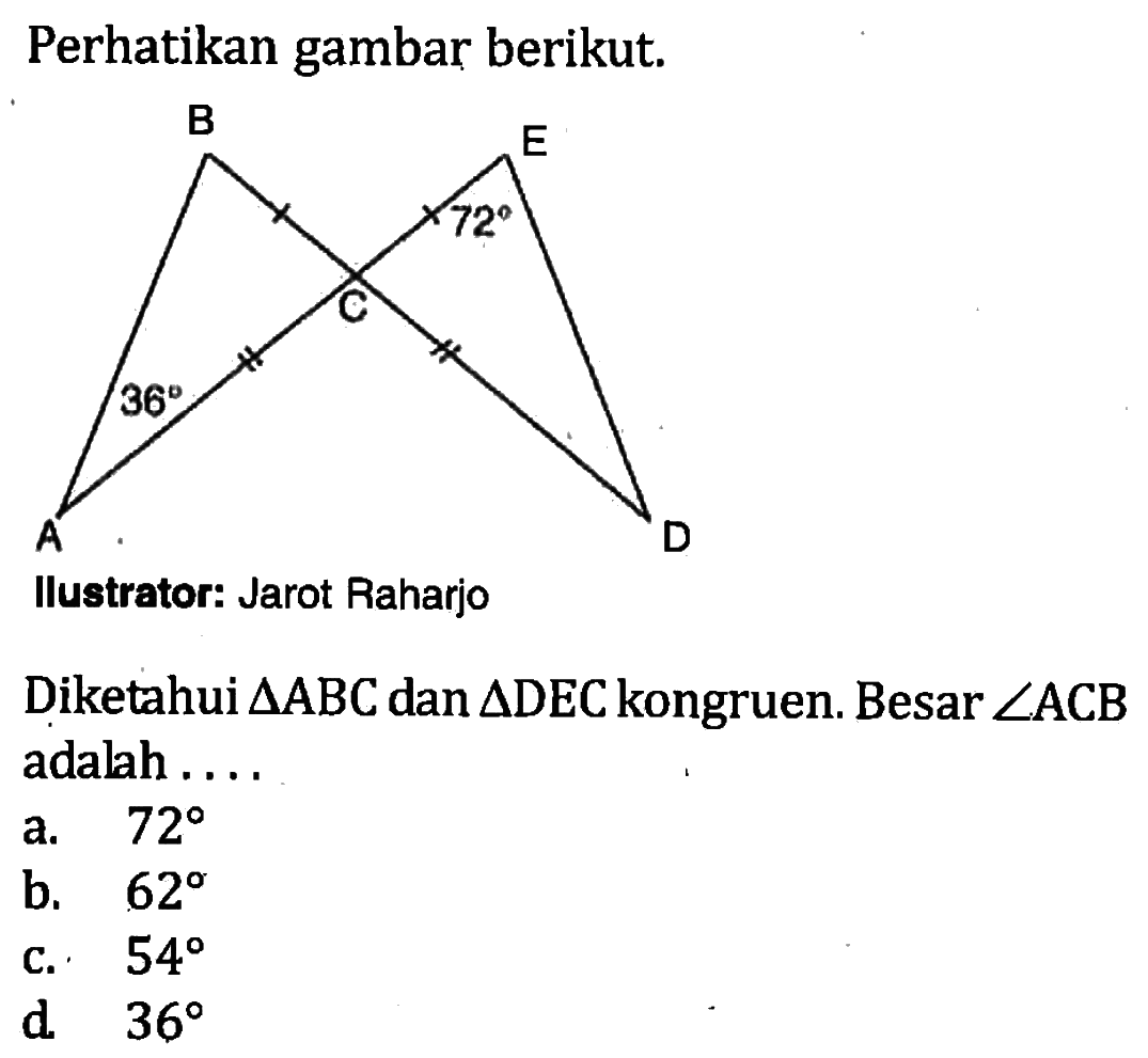 Perhatikan gambar berikut.Diketahui segitiga ABC dan segitiga DEC kongruen. Besar sudut ACB adalah ...