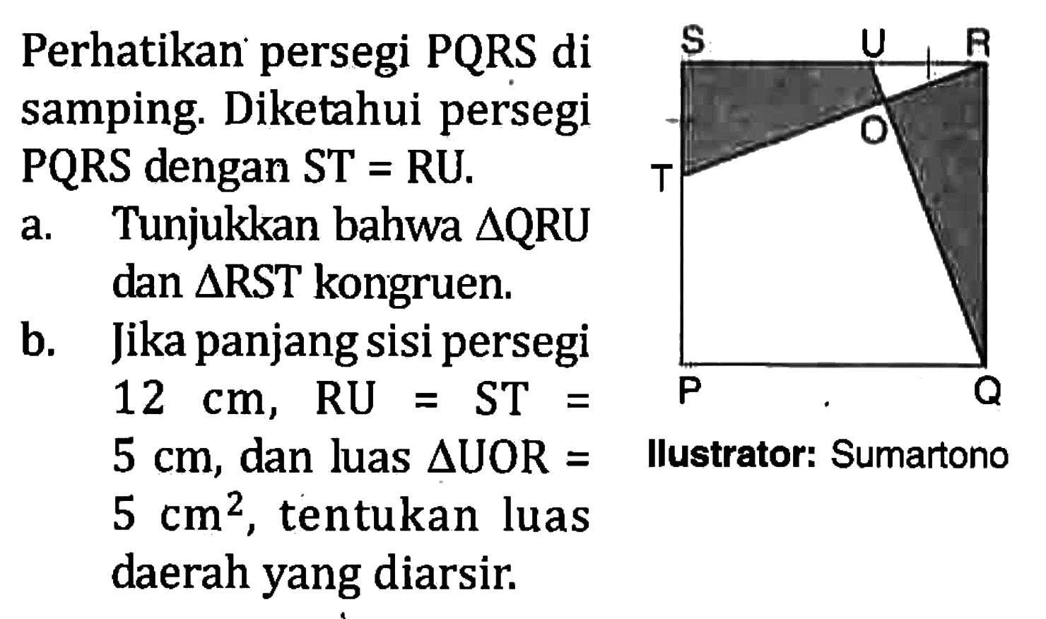 Perhatikan persegi PQRS di samping. Diketahui persegi PQRS dengan ST=RU.a. Tunjukkan bahwa  segitiga QRU dan segitiga RST kongruen.b. Jika panjang sisi persegi  12 cm, RU=ST=5 cm , dan luas  segitiga UOR=5 cm^2 , tentukan luas daerah yang diarsir.