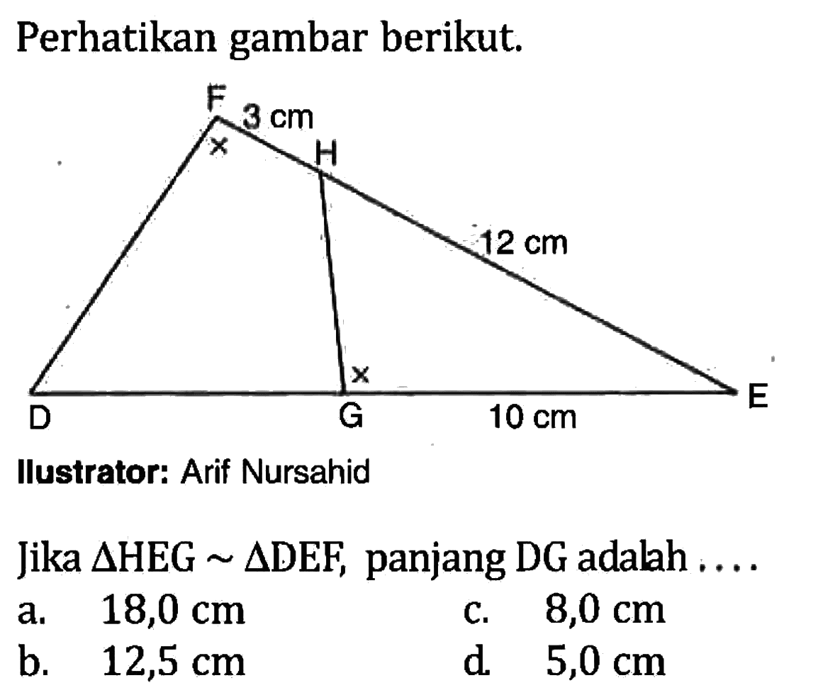 Perhatikan gambar berikut. 3 cm 12 cm 10 cm Ilustrator: Arif Nursahid Jika segitiga HEG ~ segitiga DEF, panjang DG adalah .... a. 18,0 cm c. 8,0 cm b. 12,5 cm d. 5,0 cm