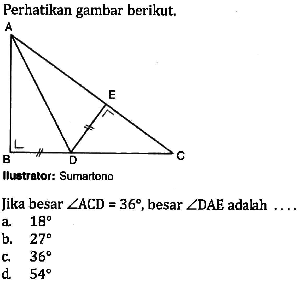 perhatikan gambar berikut. Ilustrator: Sumartono Jika besar sudut ACD=36, besar sudut DAE adalah ... 