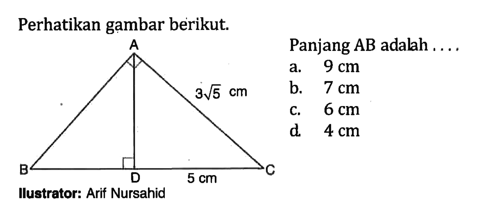 perhatikan gạmbar berikut.Panjang AB adalah ....a.   9 cm b.  7 cm c.  6 cm d  4 cm Ilustrator: Arif Nursahid