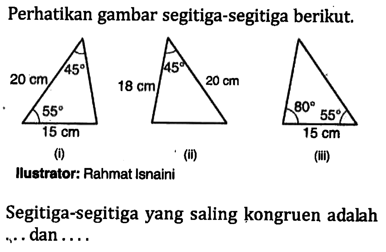 Perhatikan gambar segitiga-segitiga berikut.(i) 45 20 cm 55 15 cm (ii) 45 18 cm 20 cm (iii) 80 55 15 cmIlustrator: Rahmat IsnainiSegitiga-segitiga yang saling kongruen adalah...dan ....