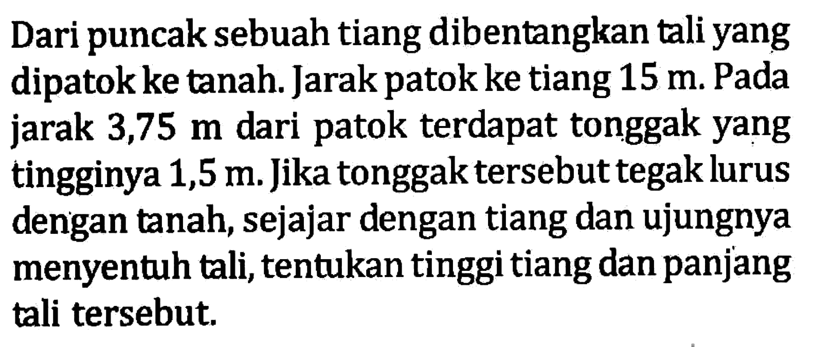 Dari puncak sebuah tiang dibentangkan tali yang dipatok ke tanah. Jarak patok ke tiang 15 m. Pada jarak 3,75 m dari patok terdapat tonggak yang tingginya 1,5 m. Jika tonggak tersebut tegak lurus dengan tanah, sejajar dengan tiang dan ujungnya menyentuh tali, tentukan tinggi tiang dan panjang tali tersebut.