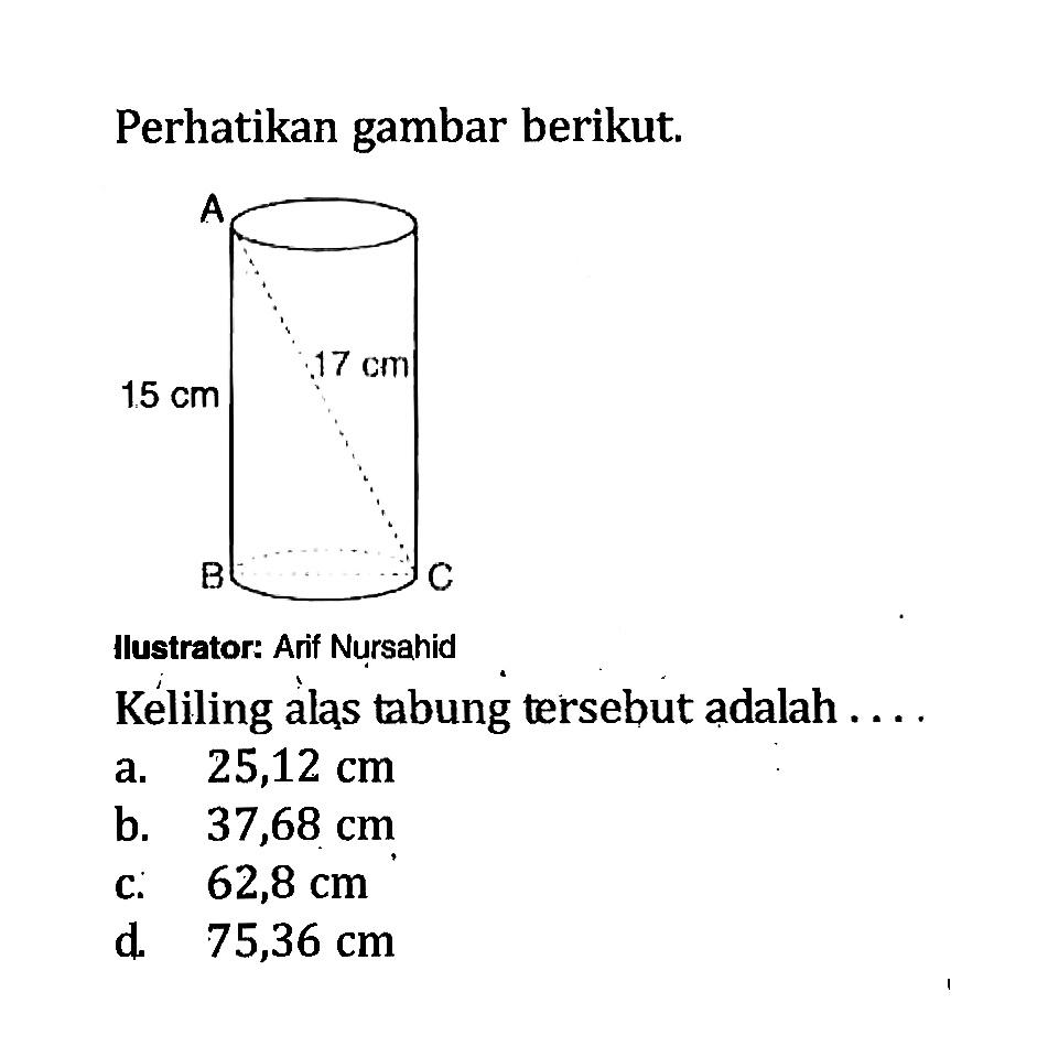 Perhatikan gambar berikut.Ilustrator: Anif NursahidKéliling alas tabung tersebut adalah ....