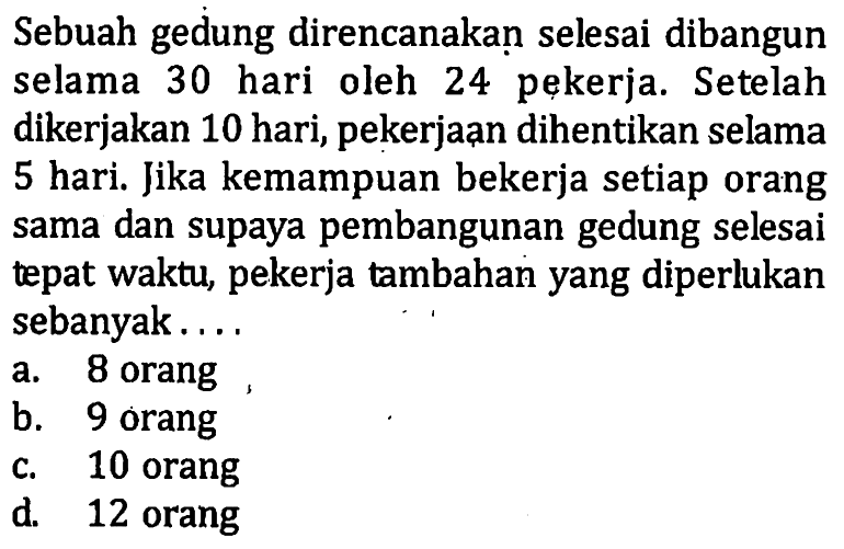 Sebuah gedung direncanakan selesai dibangun selama 30 hari oleh 24 pekerja. Setelah dikerjakan 10 hari, pekerjaạn dihentikan selama 5 hari. Jika kemampuan bekerja setiap orang sama dan supaya pembangunan gedung selesai tepat waktu, pekerja tambahan yang diperlukan sebanyak....