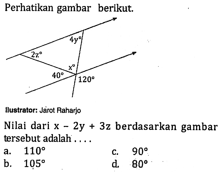 Perhatikan gambar berikut. 4y 2z x 40 120 Nilai dari x-2y+3z berdasarkan gambar tersebut adalah ....