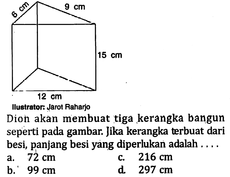 6 cm 9 cm 15 cm 12 cm Ilustrator: Jarot Raharjo Dion akan membuat tiga kerangka bangun seperti pada gambar. Jika kerangka terbuat dari besi, panjang besi yang diperlukan adalah .... a. 72 cm 
b. 99 cm 
c. 216 cm 
d. 297 cm