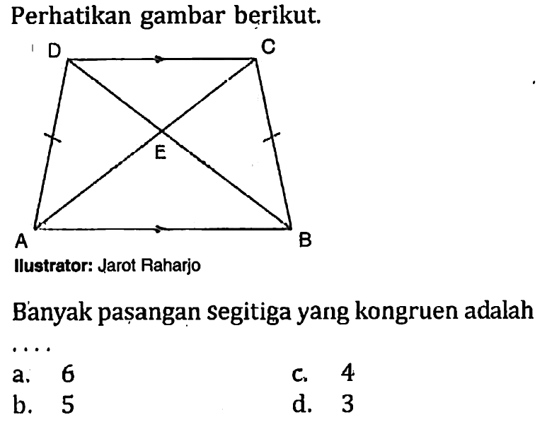 Perhatikan gambar berikut.Ilustrator: Jarot RaharjoBanyak pașangan segitiga yang kongruen adalah...