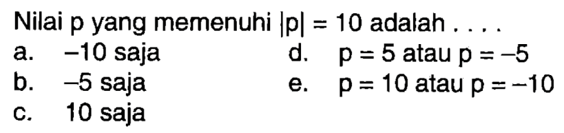 Nilai p yang memenuhi |p|=10 adalah . . . .