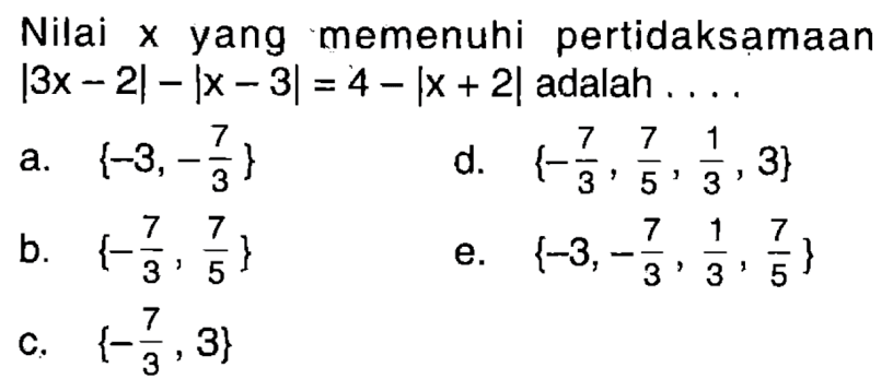 Nilai x yang memenuhi pertidaksamaan |3x-2|-x-3|=4-|x+2| adalah ....