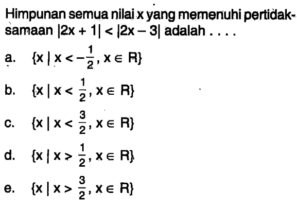 Himpunan semua nilai x yang memenuhi pertidak-samaan |2x+1|<|2x-3| adalah ....